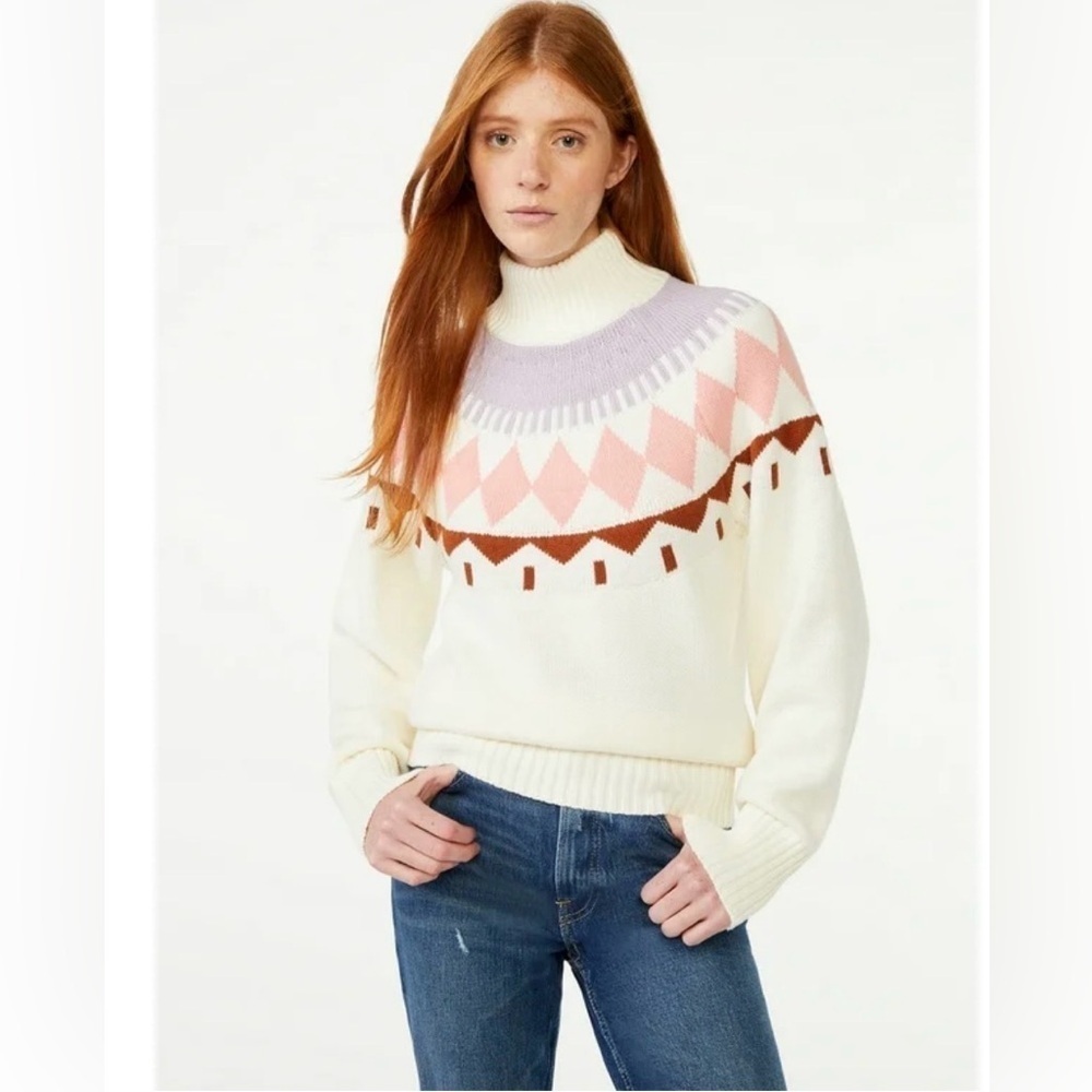 Women's Geometric Pattern Sweater - Pink, Purple, and Cream